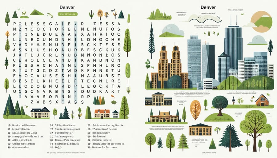 Composite image of word search puzzle featuring Denver's eco-friendly landmarks