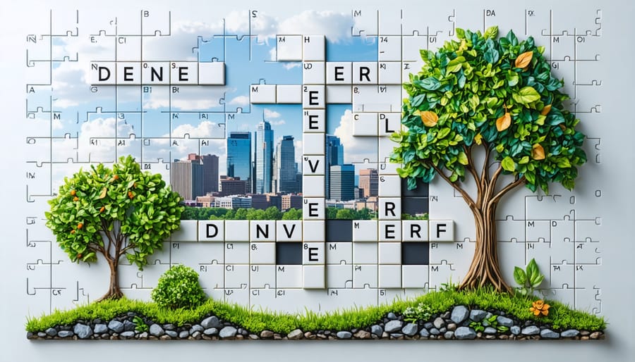 Sustainable crossword puzzle featuring Denver's green initiatives with city backdrop