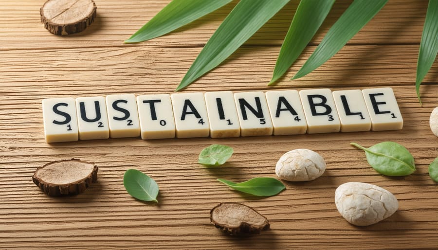 Eco-friendly Scrabble tiles spelling the word SUSTAINABLE