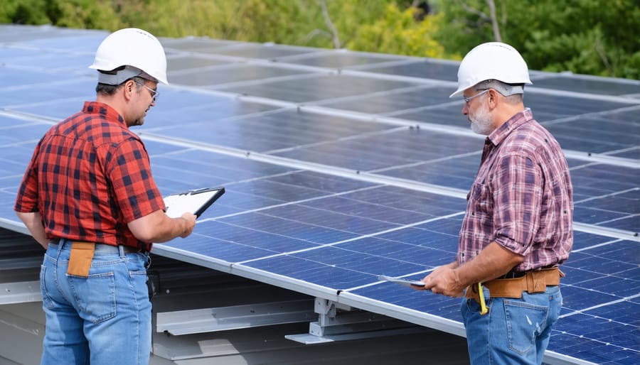 Diverse group of community members working together to install solar panels on a residential building