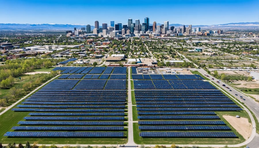 Large solar panel array in Denver with city buildings visible in the distance