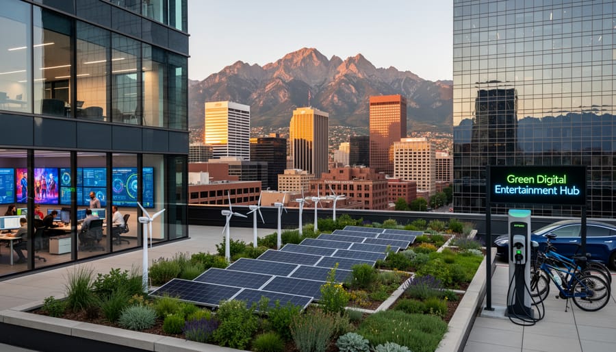Aerial view of Denver skyline with Rocky Mountains showing sustainable urban development
