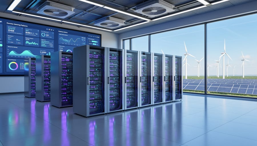 Data center servers with green lighting suggesting renewable energy integration
