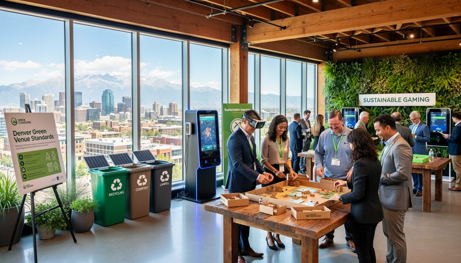 Diverse professionals collaborating in modern sustainable meeting space