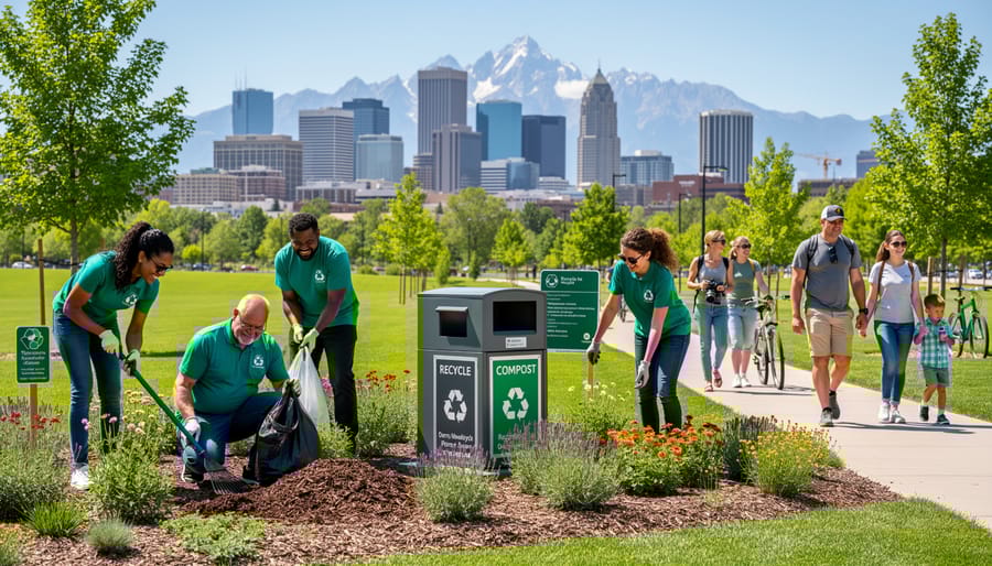 Diverse volunteers planting native plants in Denver park as part of community sustainability efforts