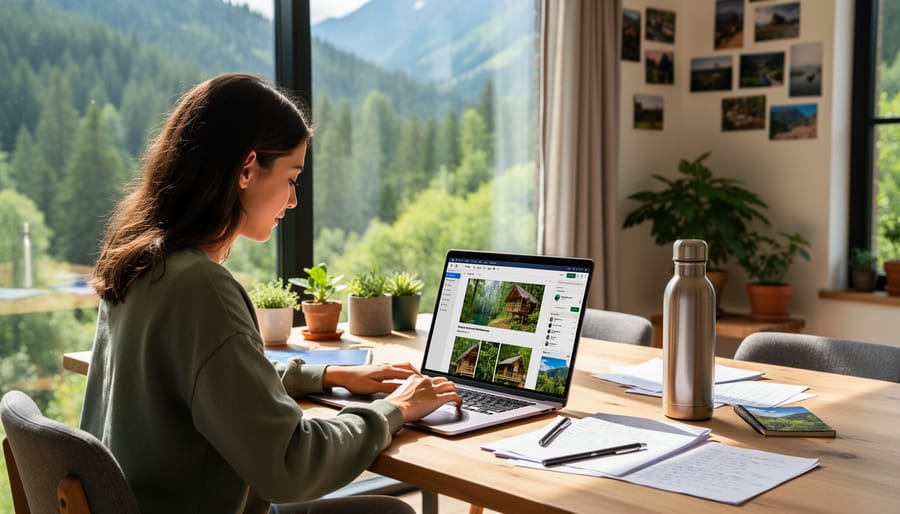 Writer creating sustainable tourism content on laptop with green certification materials nearby
