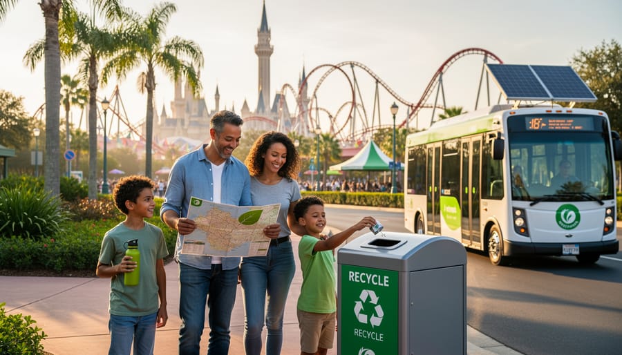 Family with reusable water bottles and eco-friendly gear standing in green outdoor Orlando setting