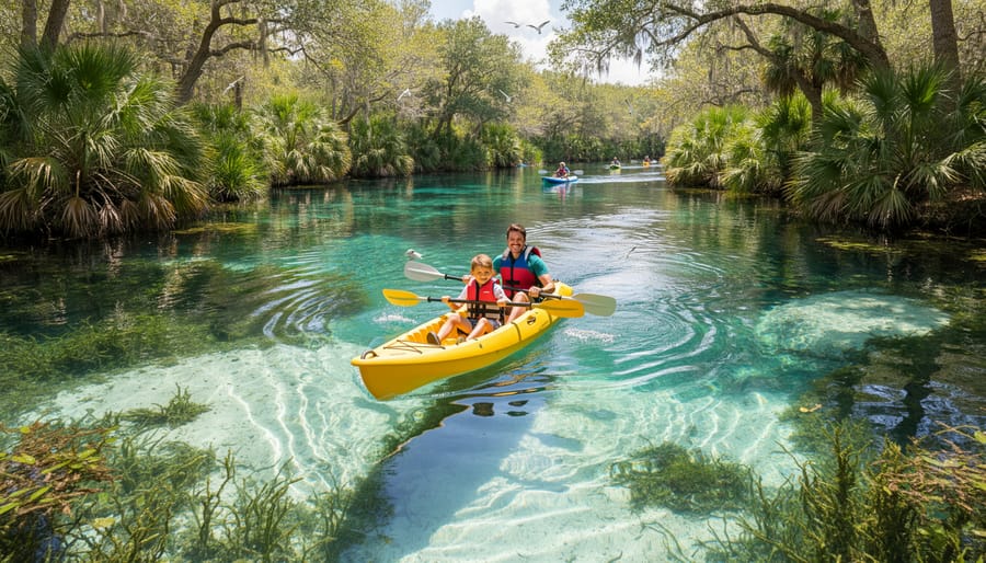 Parent and child kayaking through natural Florida spring waters surrounded by native vegetation