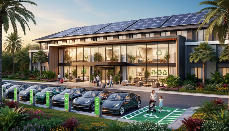 Eco-friendly hotel exterior with solar panels and electric vehicle charging stations