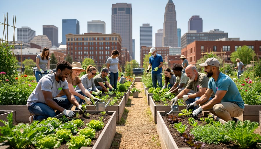 Diverse group of volunteers planting native plants in Denver urban community garden