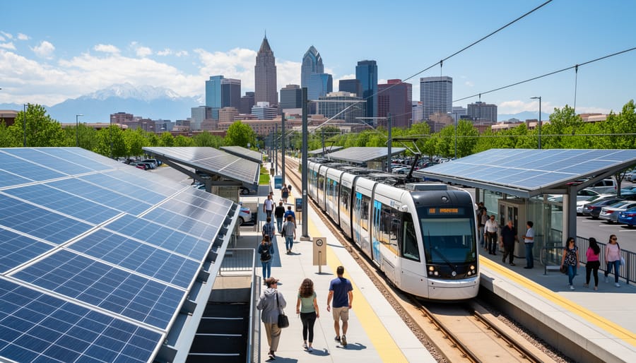 Denver RTD light rail train at station with solar panel canopy