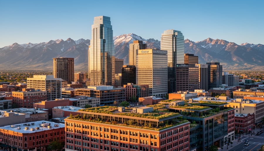 Aerial view of Denver skyline with Rocky Mountains in background at sunset