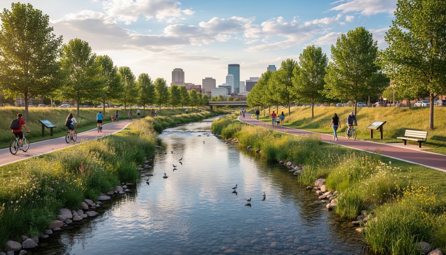 South Platte River greenway with bike path, restored vegetation, and people enjoying outdoor recreation