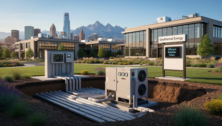 Energy facility equipment with faint steam outdoors suggesting geothermal heating and cooling infrastructure.