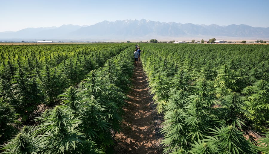 Green hemp plants growing in rows near Denver under an overcast sky