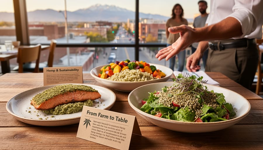 Hemp leaf garnish and a plated meal on a table in a warm dining setting