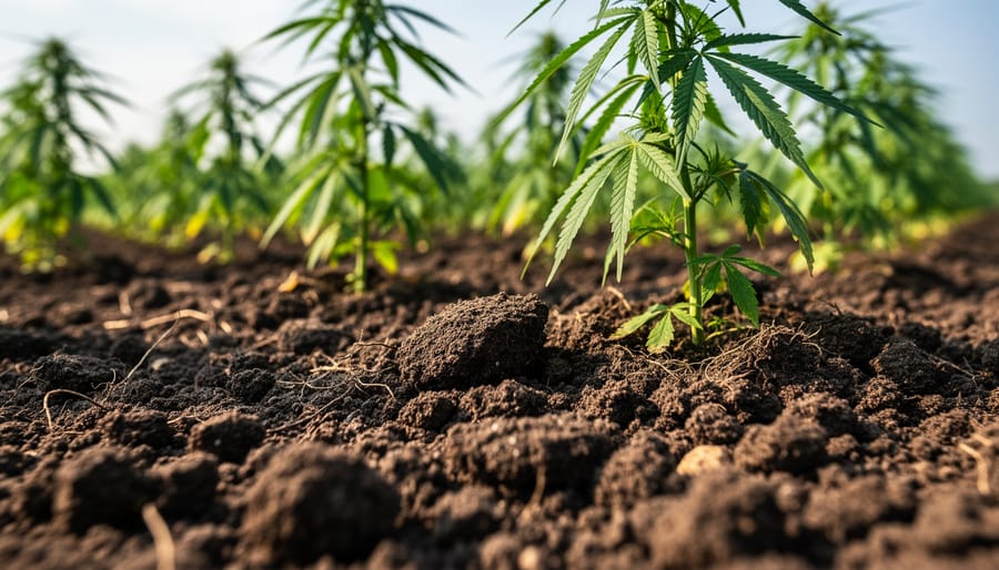 Macro view of dark fertile soil with visible plant roots and healthy texture