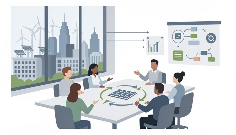 Professionals in a modern conference room preparing with clean energy-focused resources