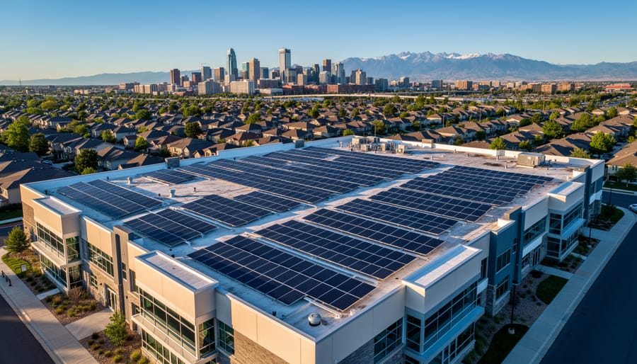 Rooftop solar panels on a commercial building in Denver with bright morning light.