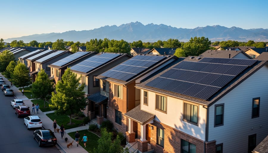 Rooftop solar panels on a home in Denver with the Rocky Mountains in the distance
