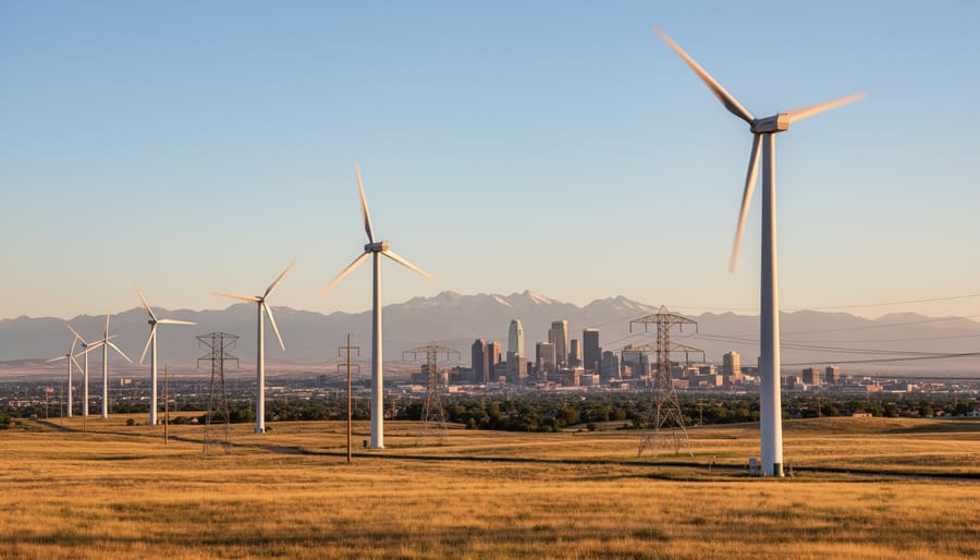 Wind turbines in an open landscape under a cloudy sky