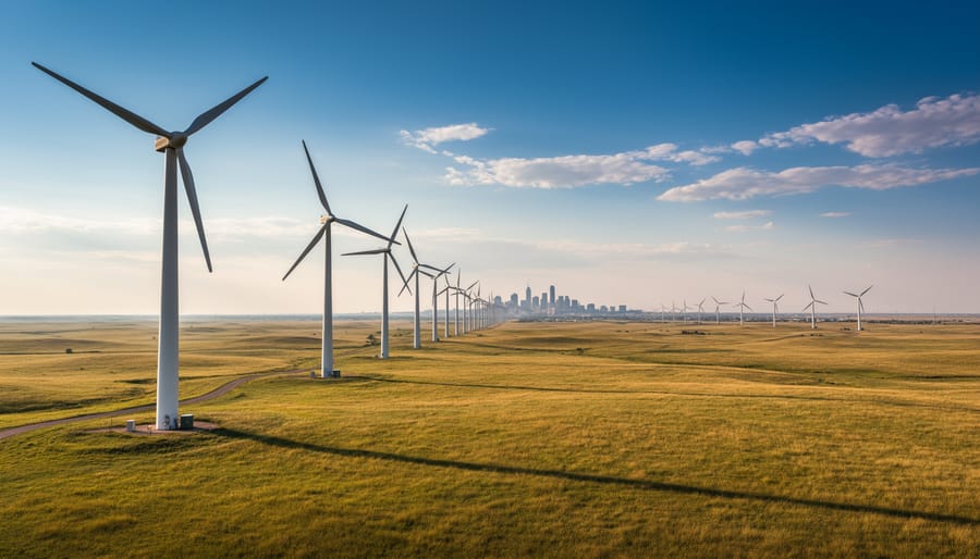 Wind turbines standing on Colorado plains under golden hour sunlight.