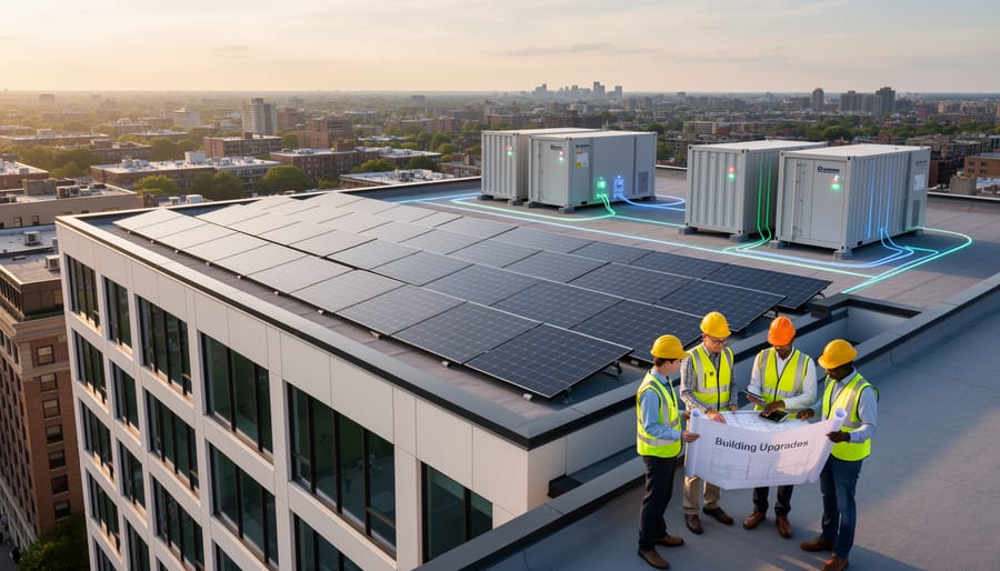 Apartment building and rooftop solar panels under overcast daylight