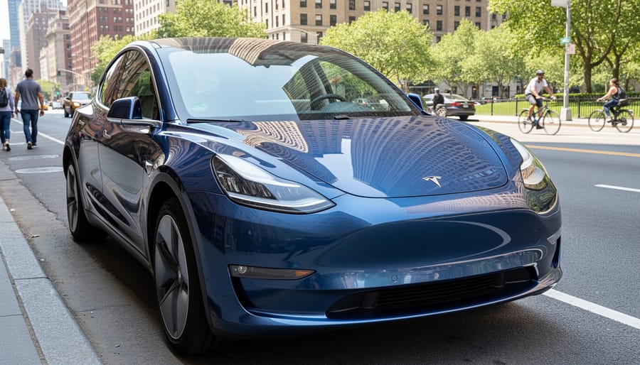 Black electric vehicle parked on a suburban driveway in warm golden hour light