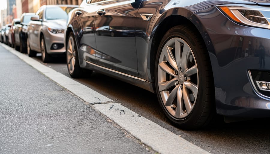 Silver electric vehicle door area beside a curb in an urban parking setting