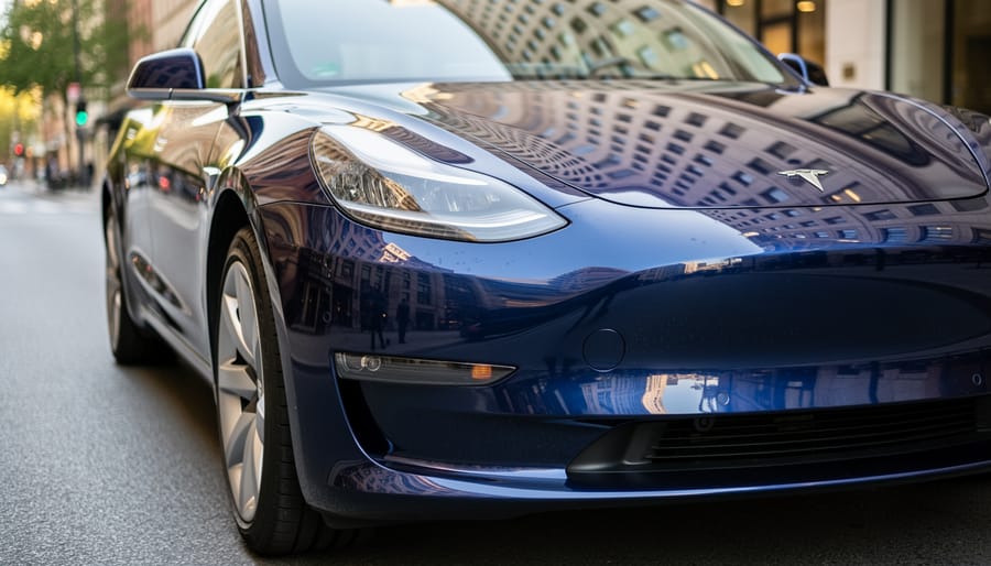 Close-up of a city electric vehicle’s front bumper and hood covered with clear paint protection film