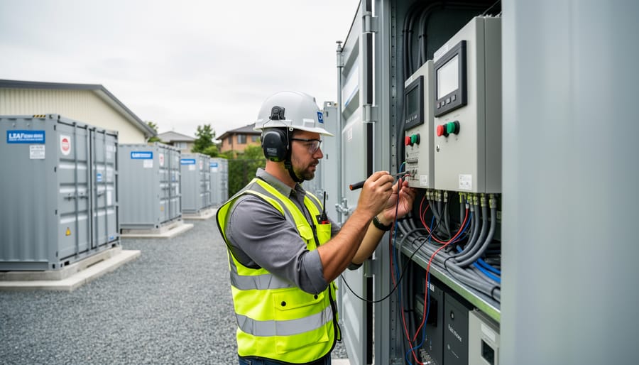 Technician working near a long-duration energy storage cabinet outdoors with a community work setting in the background
