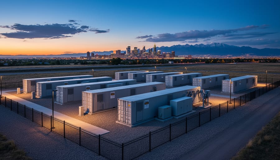 Container-style long-duration energy storage batteries at a utility site during dusk lighting