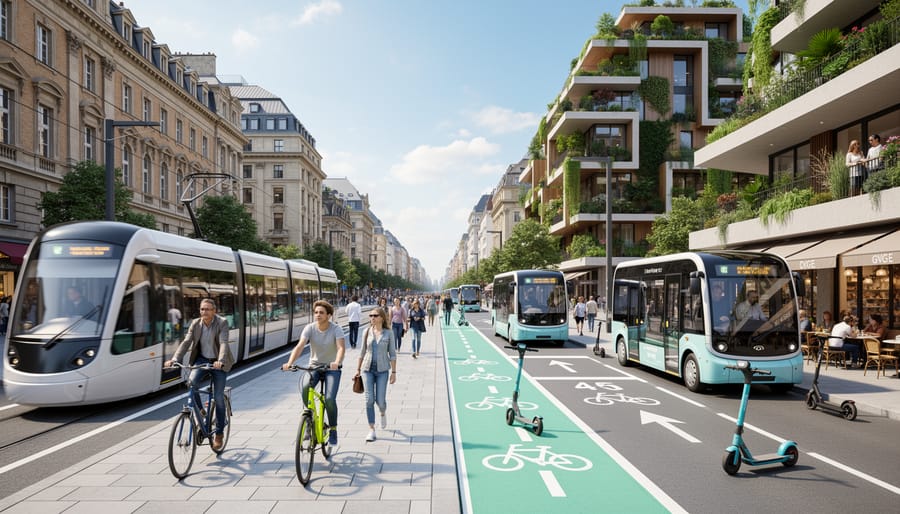 Travelers boarding public transit next to a bicycle-friendly area in a modern city setting.