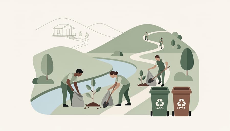 Volunteers collecting litter along a riverbank at golden hour, with reusable bins nearby.