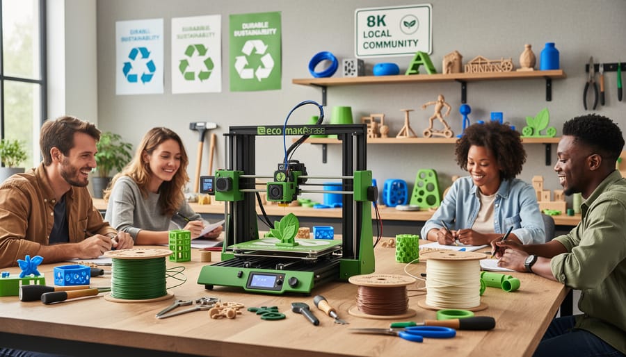 People outdoors in golden hour handing a reusable 3D-printed planter to a community member.