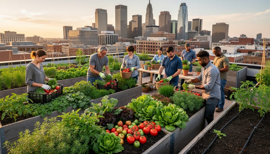 Hands harvesting fresh leafy greens into a reusable tote on a rooftop garden in Denver.
