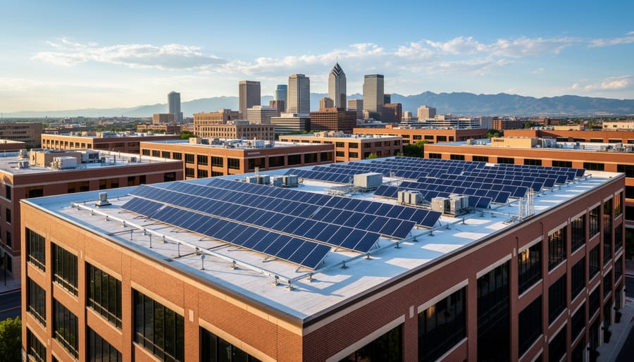 Rooftop solar panels mounted on a commercial building with a Denver-style city backdrop