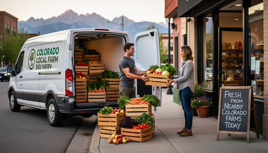 Farmer loading crates of seasonal vegetables into a delivery van near a Colorado farm field.