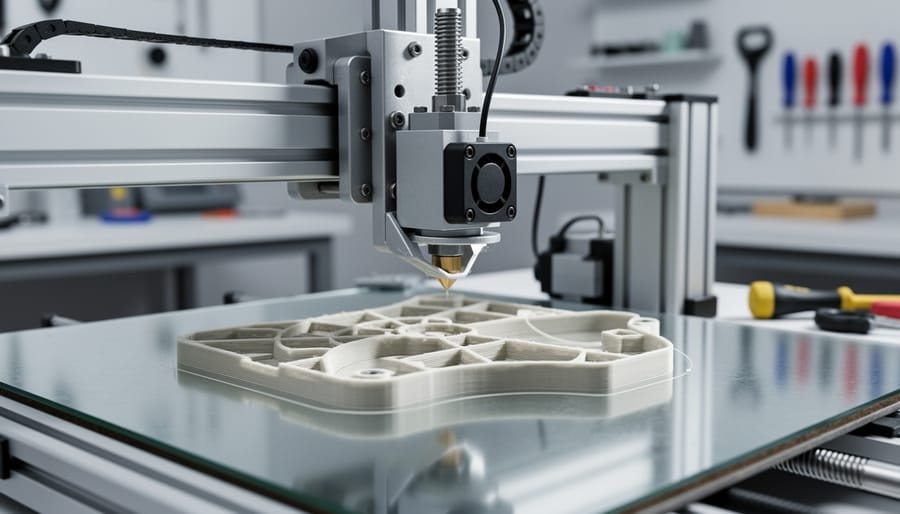 Close-up of a 3D printer nozzle creating layered printed material.