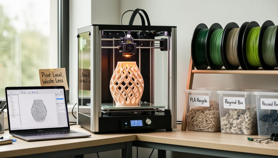 Matte 3D-printed object on a maker-space workbench next to a reusable filament spool.