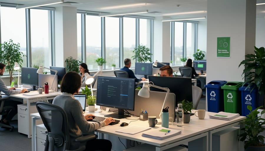 People in a modern office near workstations and recycling bins demonstrating sustainable operations