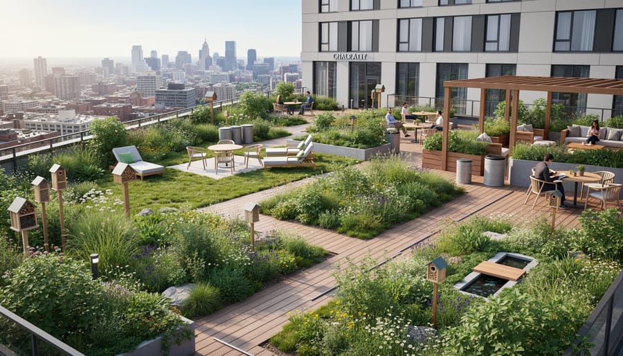 Rooftop garden with native grasses and flowers above a hotel lobby, with a few people walking in the background.