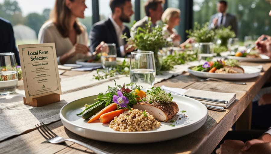 Server arranging locally sourced food on reusable serving ware at a sustainable catering buffet.