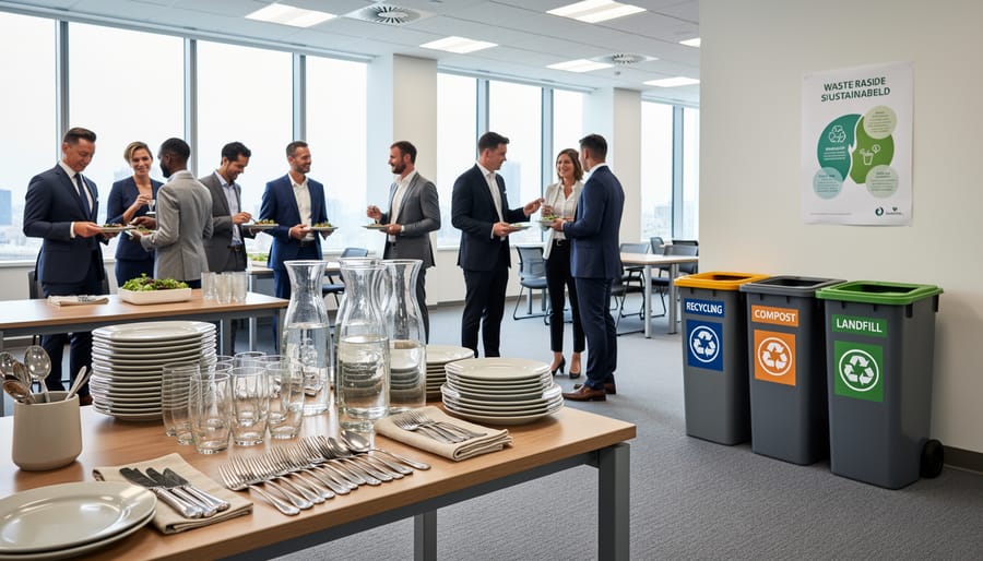 Reusable dinnerware and sustainable event setup outdoors with guests mingling in the background
